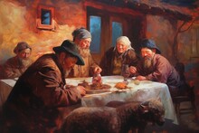 Medieval Mongolian People Eating Dinner Around A Table In Rembrandt Style Painting