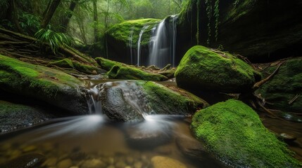  a small waterfall in the middle of a lush green forest.  generative ai