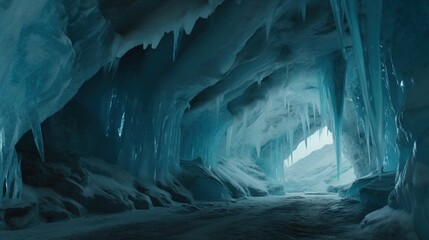 Wall Mural - an inside view of an ice cave with icicles hanging from the ceiling the walls of the cave are covere