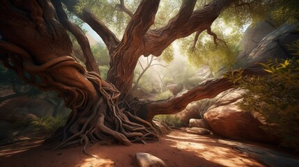 Wall Mural - a painting of a tree in the middle of a forest. generative ai