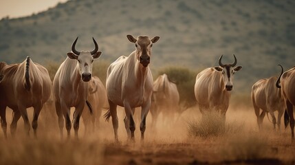 Sticker -  a herd of cattle walking across a dry grass covered field.  generative ai