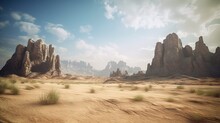  A Desert Landscape With Rocks And Grass In The Foreground.  Generative Ai