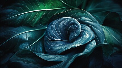  a close up of a green and blue flower with leaves.  generative ai