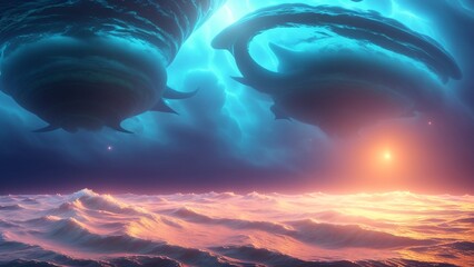 Wall Mural - A Creative Illustration Of A Giant Whale And A Giant Whale In The Ocean AI Generative