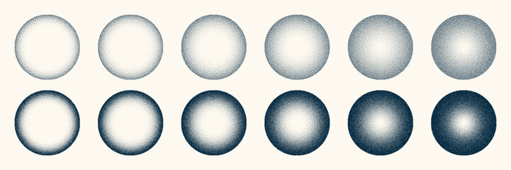 Round shaped dotted objects, vintage stipple elements. Fading gradient. Stippling, dotwork drawing, shading using dots. Halftone disintegration effect. White noise grainy texture. Vector illustration