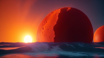 Wall Mural - A Creative Image Of A Sunset Over A Large Orange Object AI Generative