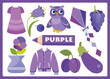 © Vera - Purple color cartoon illustration for learning colors. Cute purple objects set for kids: dress, harebell, bilberry, owl, kite, violet, vase, jacket, plum, eggplant, grape.