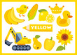 Yellow cartoon illustration for learning colors. Cute yellow objects set for kids: banana, chicken, corn, duck, lemon, crown, excavator, pear, pepper, sunflower.