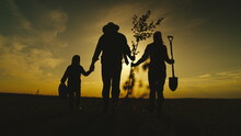 Happy Family. Dad Mom Child Going Plant Tree Field. Watering Shovel. Silhouette Family Sunset Background. Small Child With Dad Mom Gardener Point Work Field. Plant Tree Garden. Agriculture. ECO