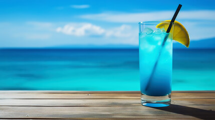 Blue Hawaiian cocktail on background with blue sea and sky tropical background. Generative AI