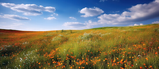 Wall Mural - panorama of meadows fields with flowers in summer under a sky. Generative AI illustration