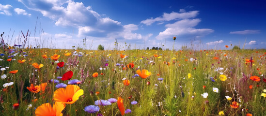 Wall Mural - panorama of meadows fields with flowers in summer under a sky. Generative AI illustration