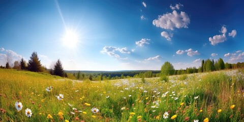 Wall Mural - panorama with blooming spring flowers in field meadow against blue sky in summer. Generative AI illustration