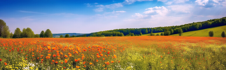Wall Mural - panorama with field meadow with blooming spring flowers against blue sky in summer. Generative AI illustration