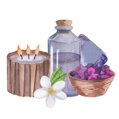 Spa set with jar of oil, bath salt, hand made soap, candle watercolor illustration. Hand drawn isolated on white background. Ideal for fabric, textile, wallpaper, spa, logos.