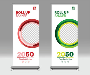 Wall Mural - Red, greend Roll up banner design template, vertical, abstract background, pull up design, modern x-banner, rectangle size.