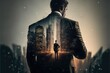 © Summit Art Creations - Ambitious businessman in black suit-clad profile with background residential city highrise buildings in double exposure, Successful businesspeople with strategic plans. Superb Generative AI.