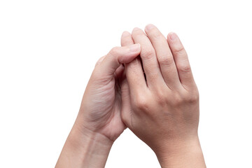 Wall Mural - Woman hands holding isolated on white background. Healthcare problem. Pain and infection.