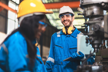 Professional team, quality control, stand maintenance, talk in the Warehouse factory. Team Engineer Factory operator Operating meetings