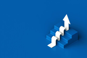 Wall Mural - White arrow following the stairs of growth on blue background, 3D arrow climbing up over a staircase , 3d stairs with arrow going upward, 3d rendering