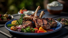 A Grilled Lamb Chops Platter, Featuring Tender And Juicy Chops Served With A Side Of Mint Yogurt Sauce And Grilled Vegetables