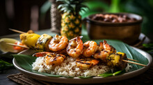 A Grilled Shrimp And Pineapple Skewer Platter, Featuring Juicy Shrimp And Sweet Pineapple Chunks, Brushed With A Spicy Glaze