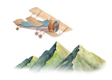 Watercolor Illustration Of Picturesque Green Mountains And Vintage Plane Isolated