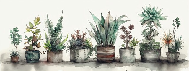  watercolor drawing of plants with pots, plant in a vase, Home gardening, houseplants