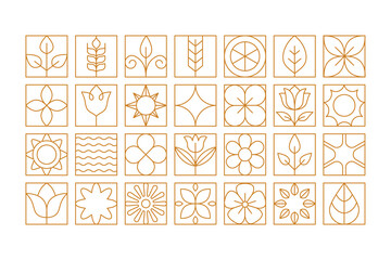 Vector simple linear illustrations and icons, geometric food pattern and banner, flowers and plants simple shapes, eco and bio agriculture concepts