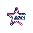 Election voting poster. Start of Political election campaign. Stylized star with american flag colors and symbols. Presidential election 2024 in USA.