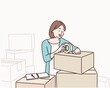 © autumnn - Young woman packing box indoors. Hand drawn style vector design illustrations.