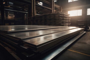 Large metal sheets in warehouse part of aluminum industry product. Generative AI