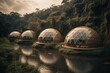 A resort made with geodesic domes in a remote jungle near a river. Generative AI