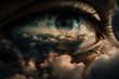 Dream and imagination through human vision eye sight into the cloud in sky. distinct generative AI image.