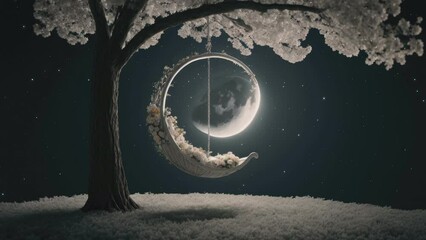 the big moon and the crescent shape hammock under the tree on a dark moonlight ai generated