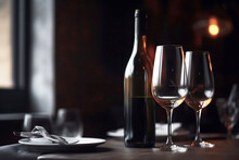 Restaurant Background With Two Wine Glasses And A Wine Bottle On Table, Copy Space