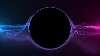 Wall Mural - neon colored blue and pink fractal light wave with floating particles and circle shaped copy space f
