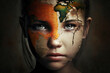© ImageDesign - Headshot of a young girl overlaid with colorful stressed countries of the world, indicating impacts of strife.