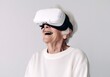 Elderly woman wearing VR goggles and playing VR game. AI generative illustrations