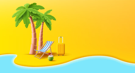 Wall Mural - Summer travel 3d composition, beach line with sand and sea, modern colorful banner, 3d illustration of beach chait with suitcase and coconut cocktail