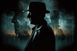 © alexkoral - poster banner for thriller movie with a man detective in hat. Generative AI illustration
