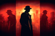 © alexkoral - silhouette of male detective in a hat. Poster banner for thriller movie and book dramatic novel. Generative AI illustration