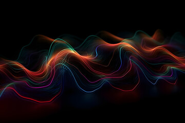 Abstract fluid 3d render holographic iridescent neon curved wave in motion background on the black background. Gradient design element for banners, backgrounds, wallpapers and covers. generative ai