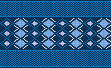 Wall Mural - Crochet pattern, Vector cross stitch jacquard background, Knitted ethnic concept zigzag style, Blue pattern square vintage, Design for textile, fabric, backdrop, digital print, wall art