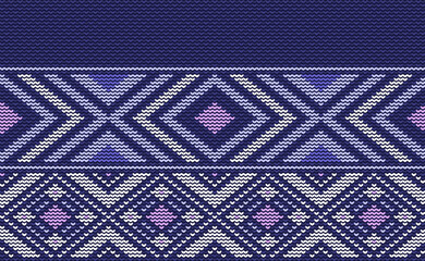 Wall Mural - Knitted ethnic pattern, Vector cross stitch ornamental background, Embroidery texture knitting style, Purple pattern geometry horizontal, Design for textile, fabric, backdrop, print, sweater