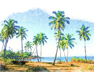 Wall Mural - Color pencil drawing of tropical nature - palm trees on sea coast, Goa landscape, India, Digital art