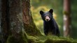 A cute curious black bear cub peek in the woods. Generative AI illustration.