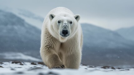 Wall Mural - A polar bear in the snow mountains. Generative AI illustration.