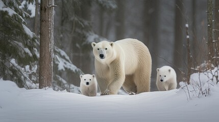 Wall Mural - A family of polar bears in the snow. A mother with her cub in the forest. Generative AI illustration.