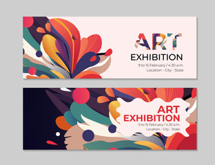 Art exhibition banners, invitation to modern exposition. Abstract background with colorful painting stains. Modern paint, acrylic design. Vector horizontal banner of gallery or museum